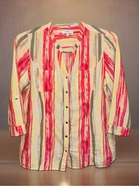 Coral Bay Women’s Striped Button-Front Linen Blend Blouse - Pink & Yellow-M-EC